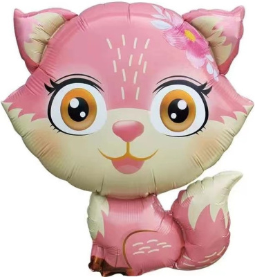 Шар фольга Фигура Лисенок с цветком розовый